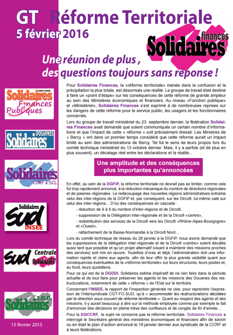 Lire la suite à propos de l’article 5 février : GT Réforme Territoriale