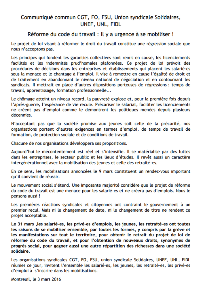 31 mars : urgence à se mobiliser !