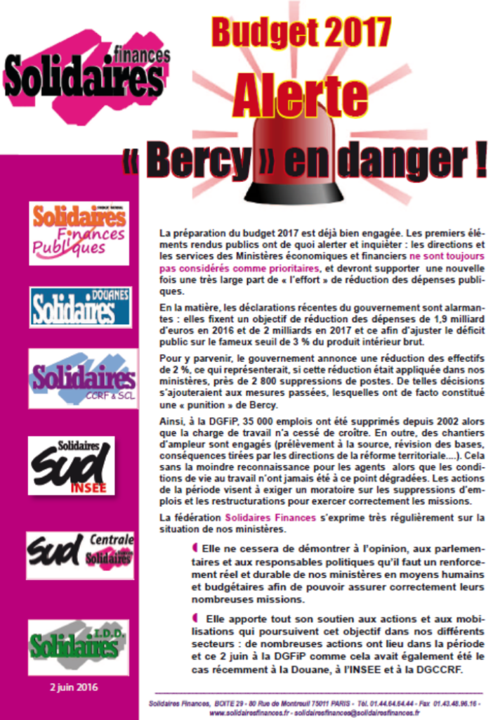 Budget 2017 : ALERTE  « Bercy » en danger !