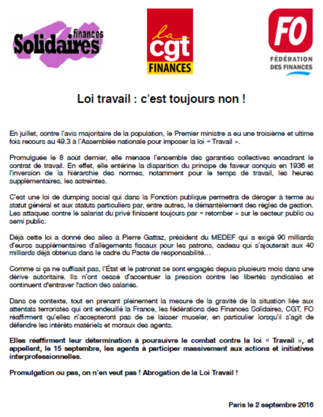 Lire la suite à propos de l’article Loi Travail: Pour l’inter-fédérale Finances Solidaires, CGT et FO c’est toujours Non !