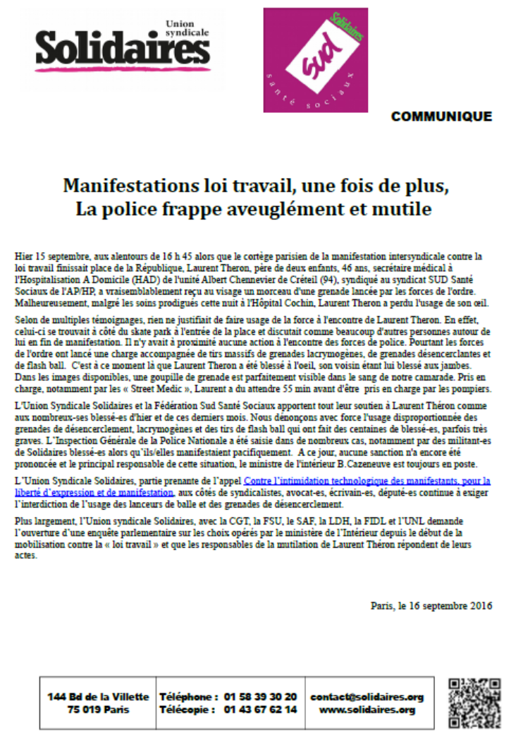 Lire la suite à propos de l’article Après les manifestations contre la loi travail du 15 septembre