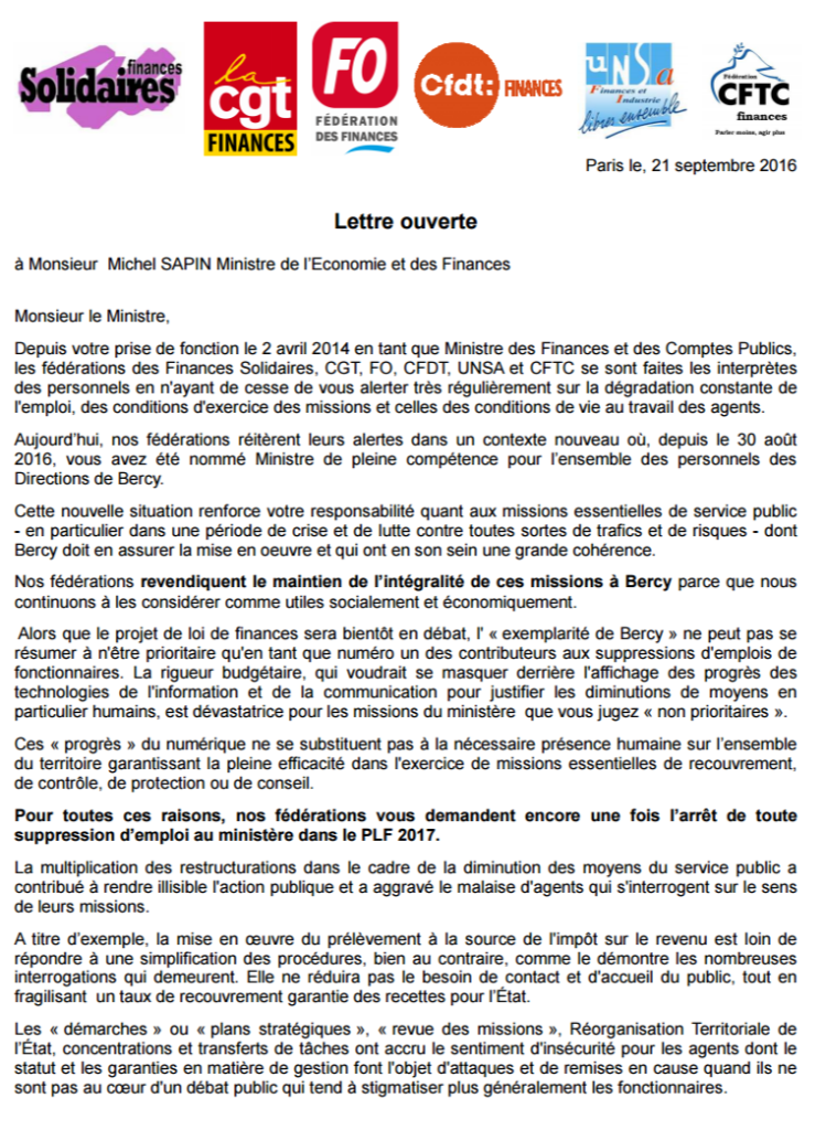 A la veille du CTM du 4 octobre prochain les fédérations des Finances s’adressent au Ministre