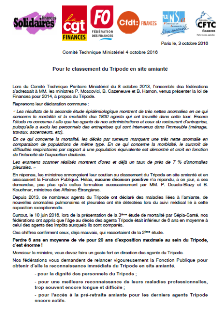 Lire la suite à propos de l’article Classement du Tripode en site amianté : Les fédérations des Finances interpellent le ministre