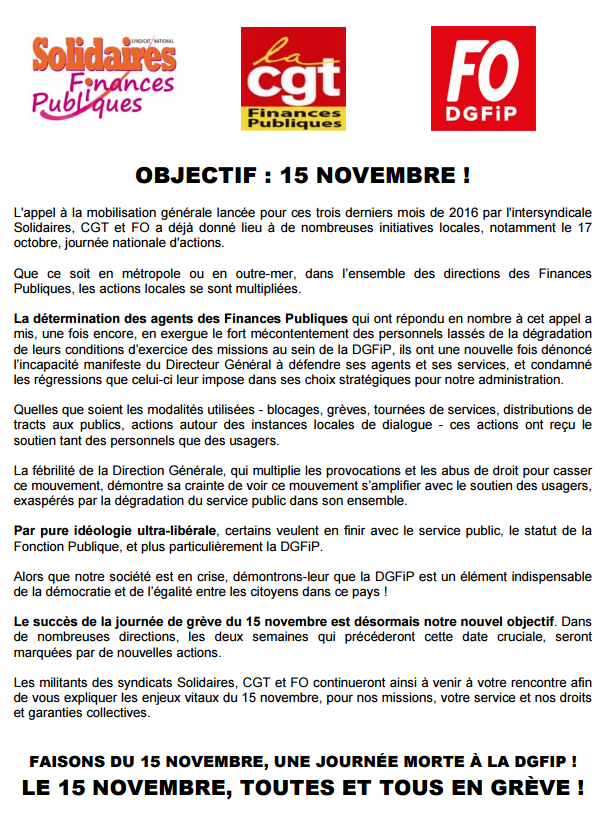 Lire la suite à propos de l’article Appel de l’ intersyndicale Solidaires, CGT et FO  à faire du 15 novembre  journée morte à la DGFiP !