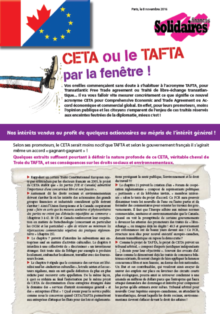 Lire la suite à propos de l’article CETA: Nos intérêts vendus au profit de quelques actionnaires au mépris de l’intérêt général !