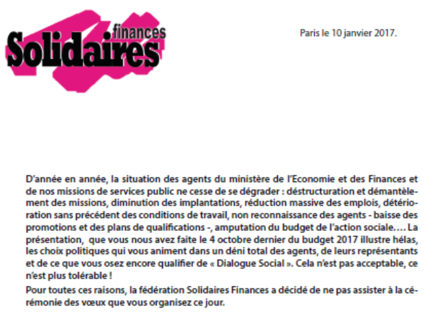 Lire la suite à propos de l’article Solidaires Finances ne participera pas aux voeux des ministres.