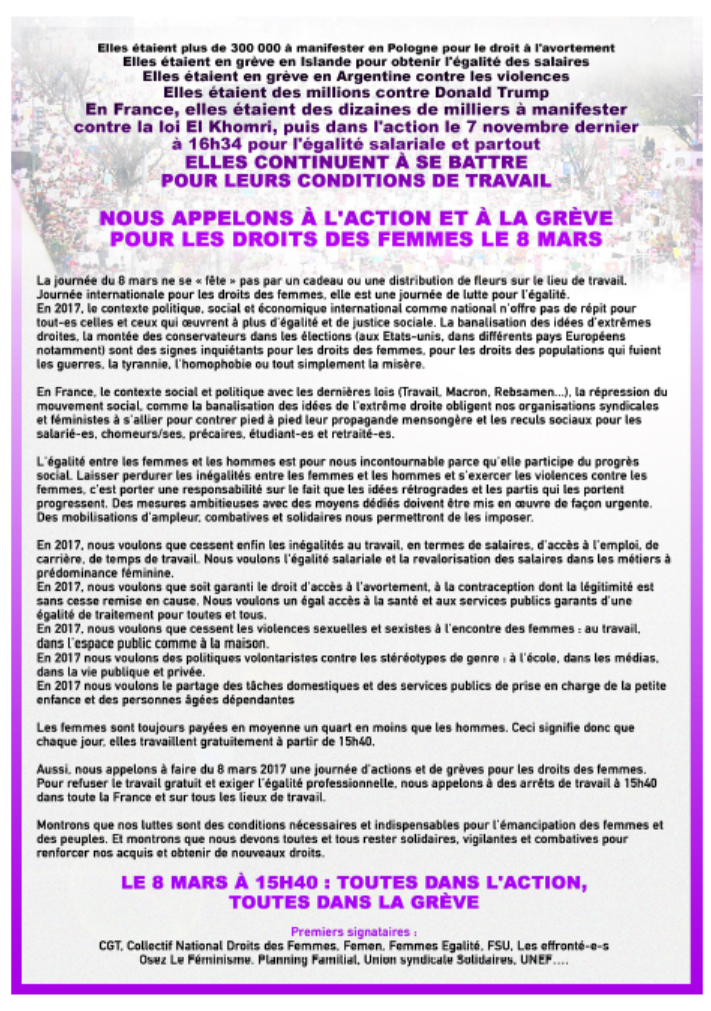 Lire la suite à propos de l’article 8 mars 2017 à 15h40 – Toutes dans l’action, toutes dans la grève.