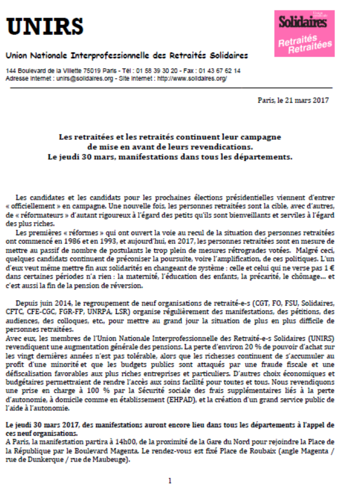 Lire la suite à propos de l’article 30 mars Journée d’action des retraité(e)s