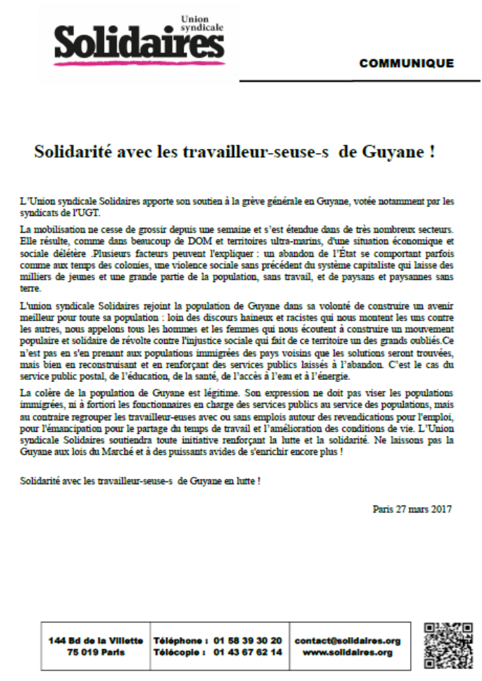 Lire la suite à propos de l’article Solidarité avec les travailleur-seuse-s de Guyane !