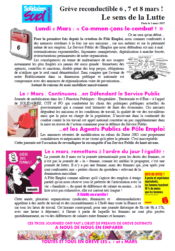 Lire la suite à propos de l’article 6, 7 et 8 mars Grève reconductible à Pôle Emploi.