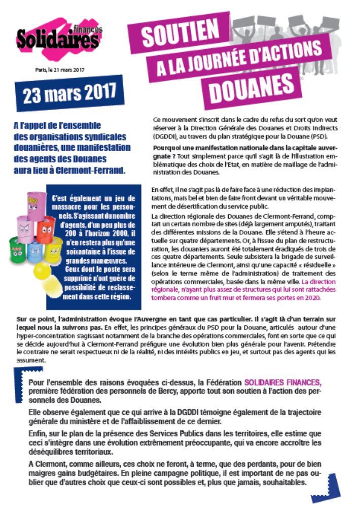 Lire la suite à propos de l’article Le 23 mars les agents des Douanes seront dans l’action. Solidaires Finances leur apporte tout son soutien !