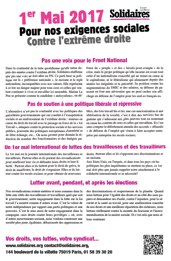 Lire la suite à propos de l’article 1er mai 2017: Pour nos exigences sociales, contre l’extrême droite.