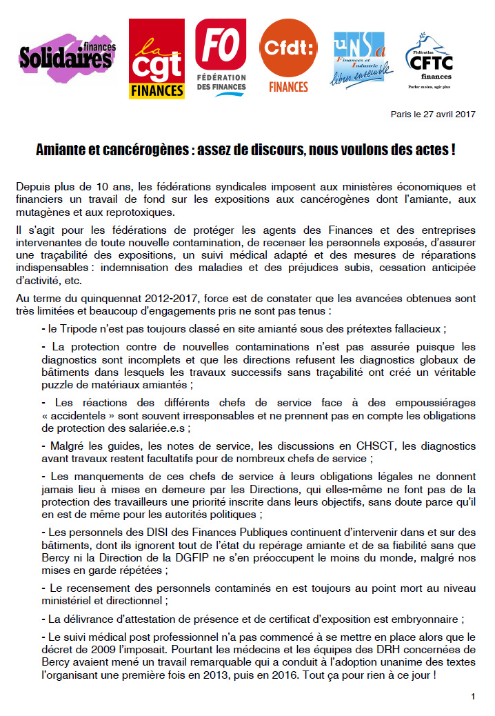 Lire la suite à propos de l’article 27 avril  Amiante – Déclaration et compte rendu inter-fédérale au groupe de travail