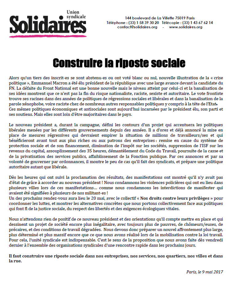 Lire la suite à propos de l’article Solidaires Union Syndicale – Construire la riposte sociale