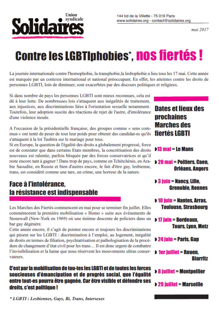 17 mai. : Journée internationale contre l’homophobie, la transphobie, la lesbophobie
