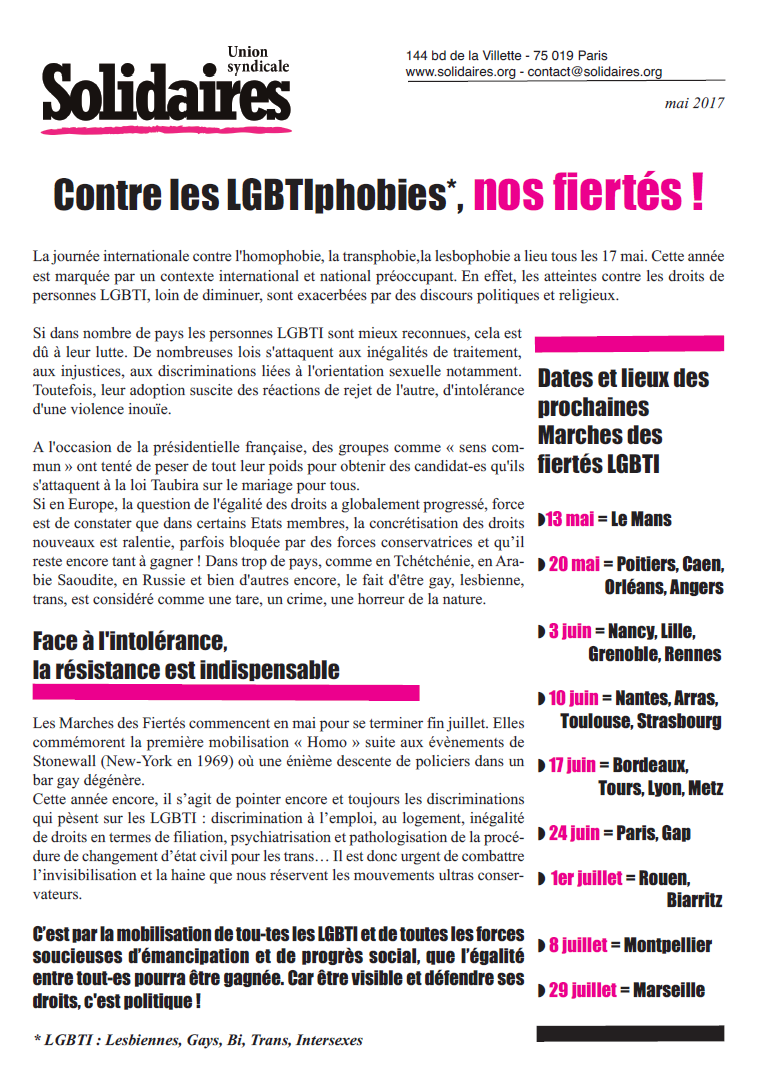 Lire la suite à propos de l’article 17 mai. : Journée internationale contre l’homophobie, la transphobie, la lesbophobie
