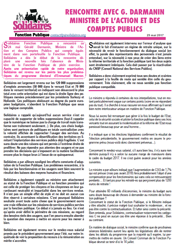 Lire la suite à propos de l’article Solidaires Fonction publique a rencontré le Ministre de l’Action et des Comptes Publics
