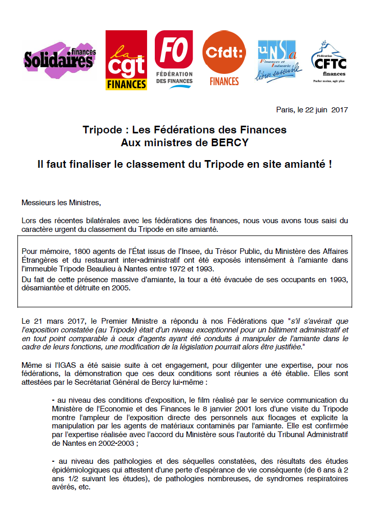 Lire la suite à propos de l’article Tripode/Amiante : les fédérations interpellent les ministres de bercy.