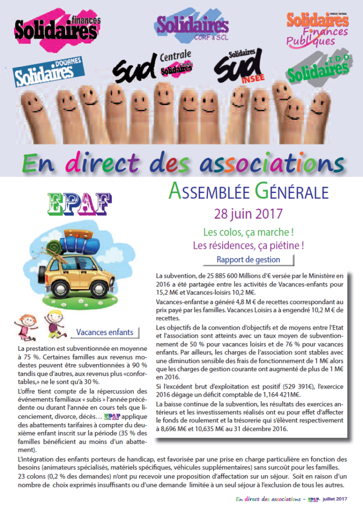 EPAF :  Assemblée Générale du 28 juin Les colos, ça marche ! Les résidences, ça piétine !