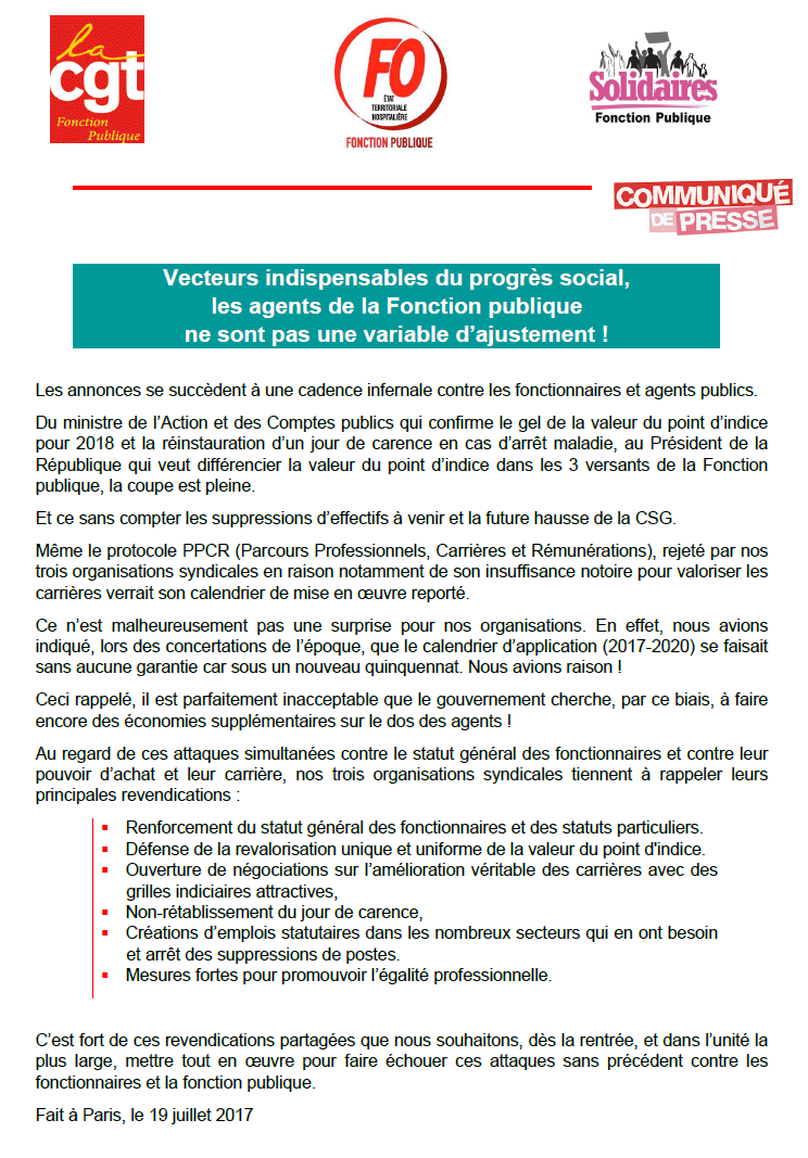 Lire la suite à propos de l’article Communiqué des fédérations de Fonctionnaires CGT, FO et Solidaires