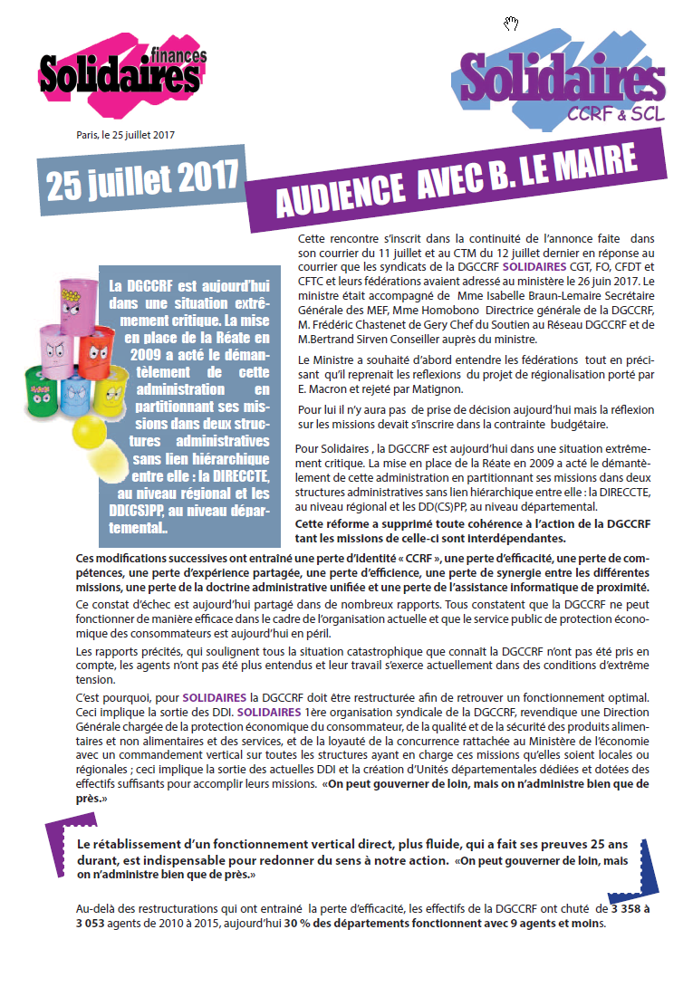Lire la suite à propos de l’article Avenir de la CCRF : Bruno Le Maire reçoit les fédérations des Finances.