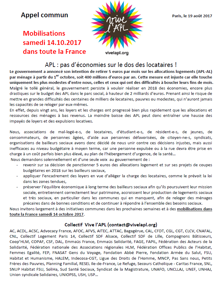 Lire la suite à propos de l’article 14 octobre – APL : pas d’économies sur le dos des locataires !