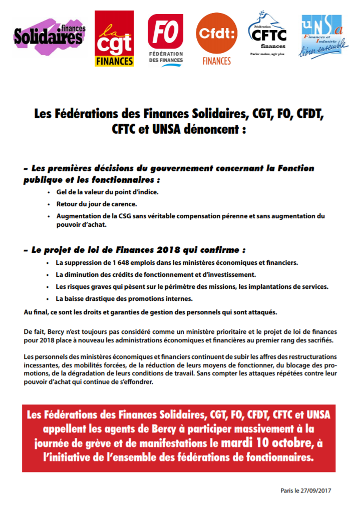 Lire la suite à propos de l’article 10 octobre – Les Fédérations des Finances ensemble appellent à la grève