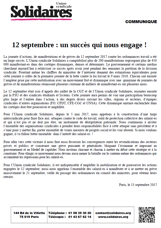 Lire la suite à propos de l’article Communiqué – 12 septembre : un succès qui nous engage !