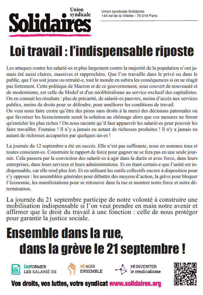 Lire la suite à propos de l’article 21 septembre : Loi travail l’indispensable riposte.