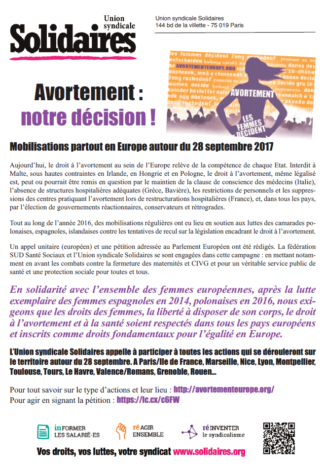 Lire la suite à propos de l’article 28 septembre : Mobilisation Pour le droit à l’avortement partout en Europe !