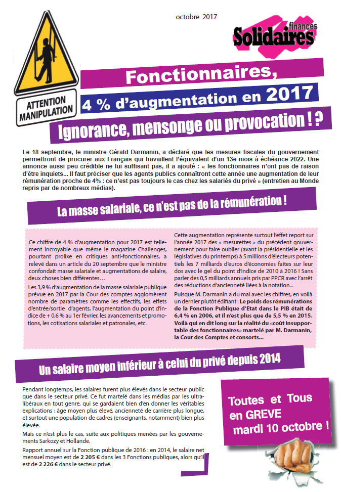Lire la suite à propos de l’article Fonctionnaires, 4% d’augmentation en 2017 – Ignorance, mensonge ou provocation ! ?