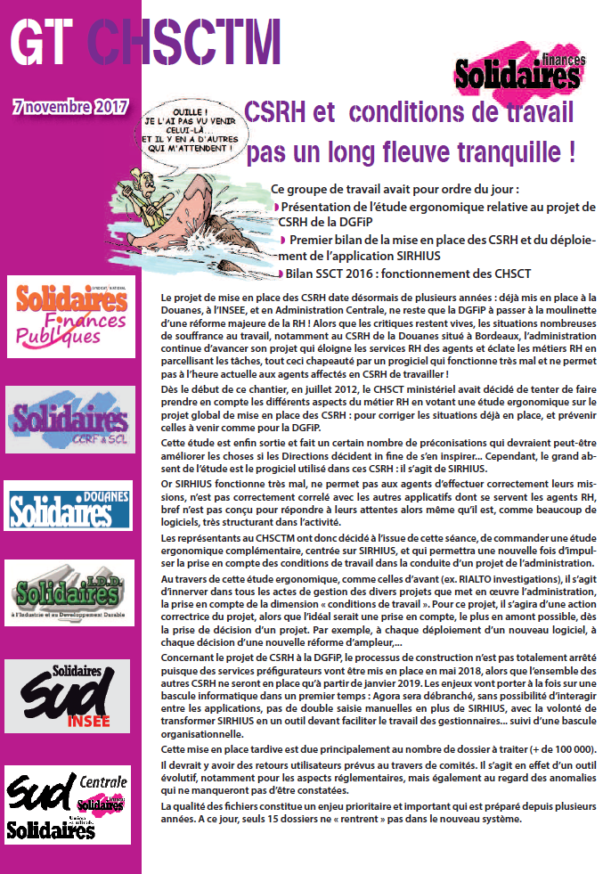 Lire la suite à propos de l’article GT du 7 novembre 2017 – CSRH et conditions de travail, pas un long fleuve tranquille !