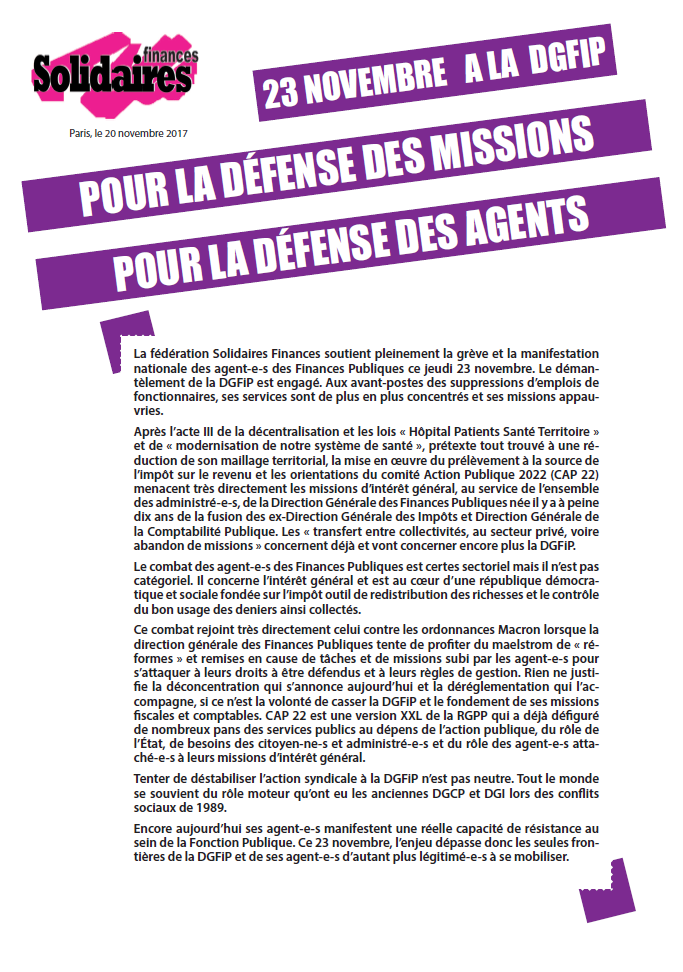 Lire la suite à propos de l’article Soutien aux agents de la DGFiP en grève le 23 novembre