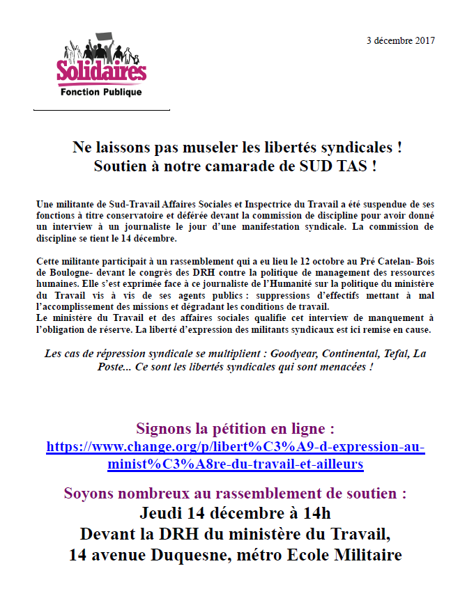 Lire la suite à propos de l’article Ne laissons pas museler les libertés syndicales !