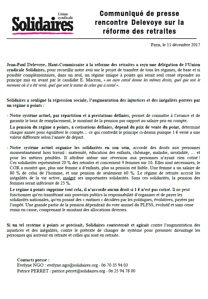 Lire la suite à propos de l’article Projet de réforme des retraites : communiqué de presse de l’Union syndicale Solidaires.