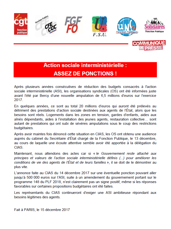 Lire la suite à propos de l’article Action sociale interministérielle  ASSEZ DE PONCTIONS !