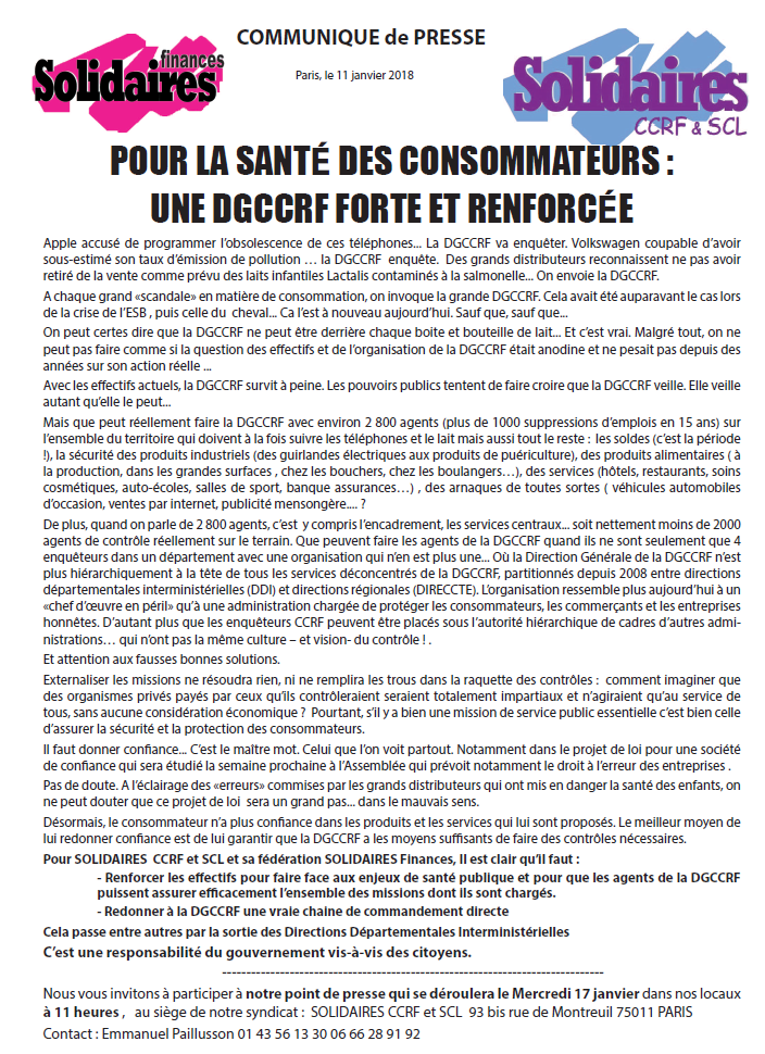 Lire la suite à propos de l’article Pour la santé des consommateurs: UNE DGCCRF FORTE ET RENFORCÉE