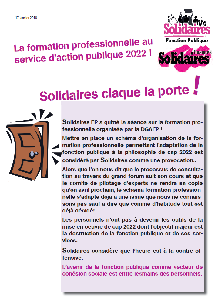 Lire la suite à propos de l’article La formation professionnelle au service d’action publique 2022 ! Solidaires claque la porte !