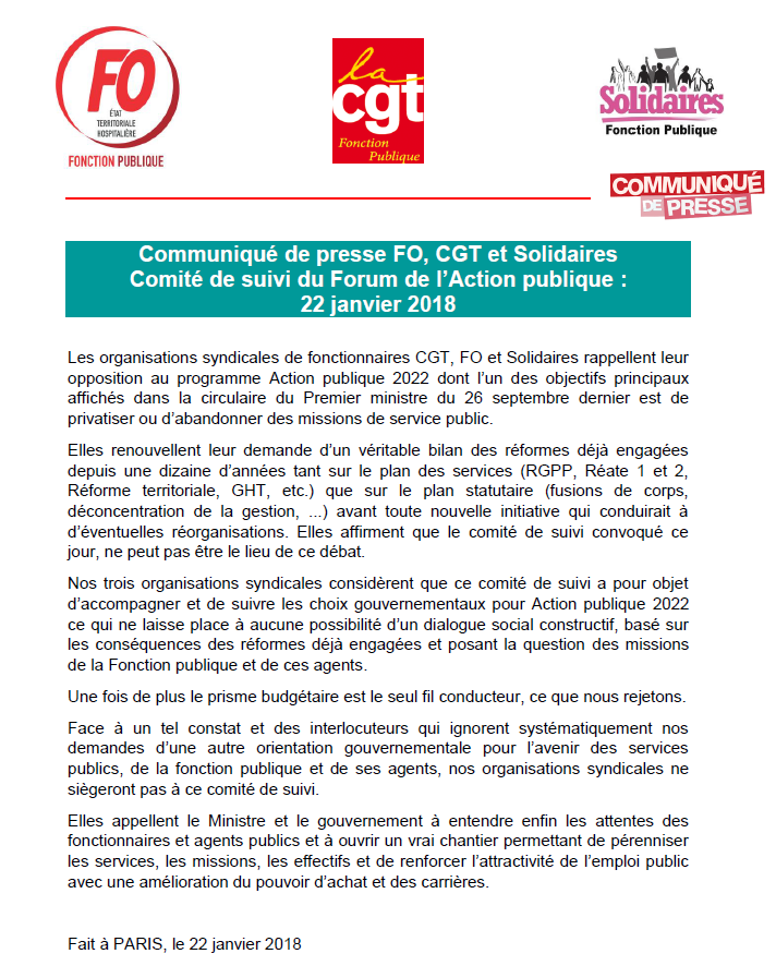 Lire la suite à propos de l’article Forum Action Publique : Communiqué des fédérations Fonction Publique Solidaires, CGT et FO