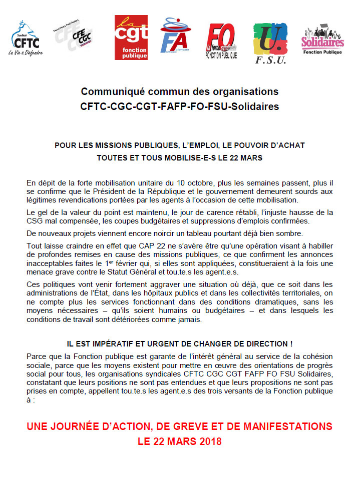 Lire la suite à propos de l’article 22 mars 2018  : Mobilisation générale pour les missions publiques, l’emploi, le pouvoir d’achat !