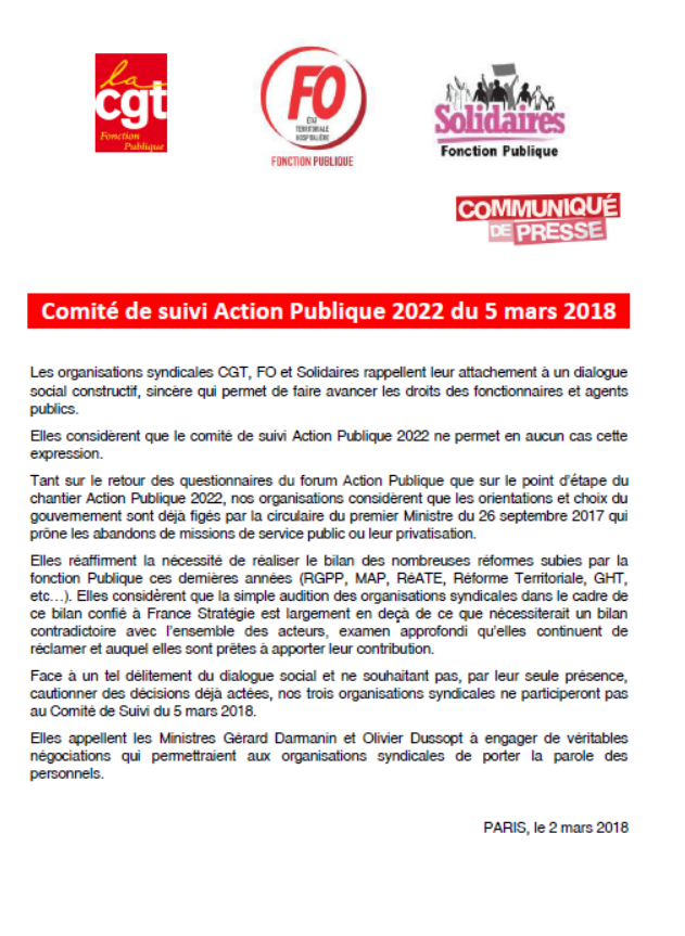 Lire la suite à propos de l’article CAP 2022 :  Déclaration unitaire Solidaires, CGT et FO