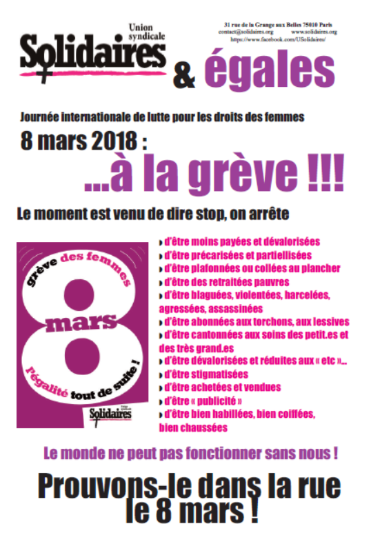 Lire la suite à propos de l’article 8 mars 2018 : Tract Solidaires