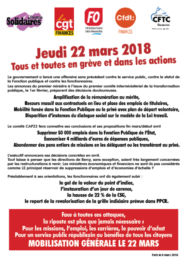 Lire la suite à propos de l’article Appel des fédérations des finances : Jeudi 22 mars 2018