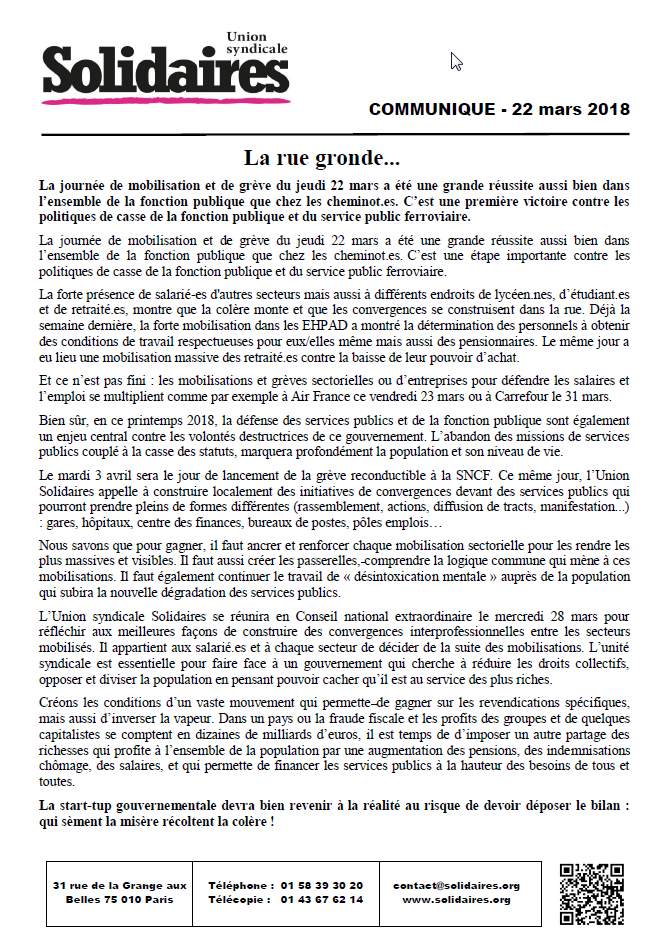 Lire la suite à propos de l’article 22 mars : COMMUNIQUE Union syndicale Solidaires – La rue gronde