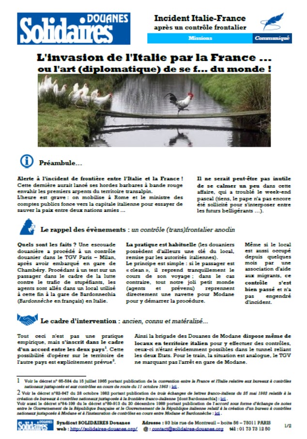 Lire la suite à propos de l’article Communiqué Solidaires Douanes : L’invasion de l’Italie par la France…