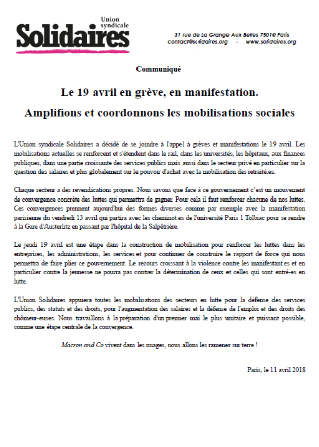 Lire la suite à propos de l’article Le 19 avril en grève, en manifestation.