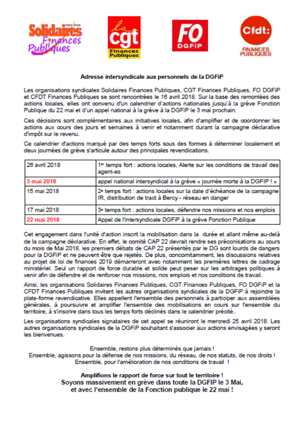 Lire la suite à propos de l’article Appel à la Mobilisation et à l&rsquo;action à la DGFiP, 26 avril , 3, 15, 17, 22 mai …