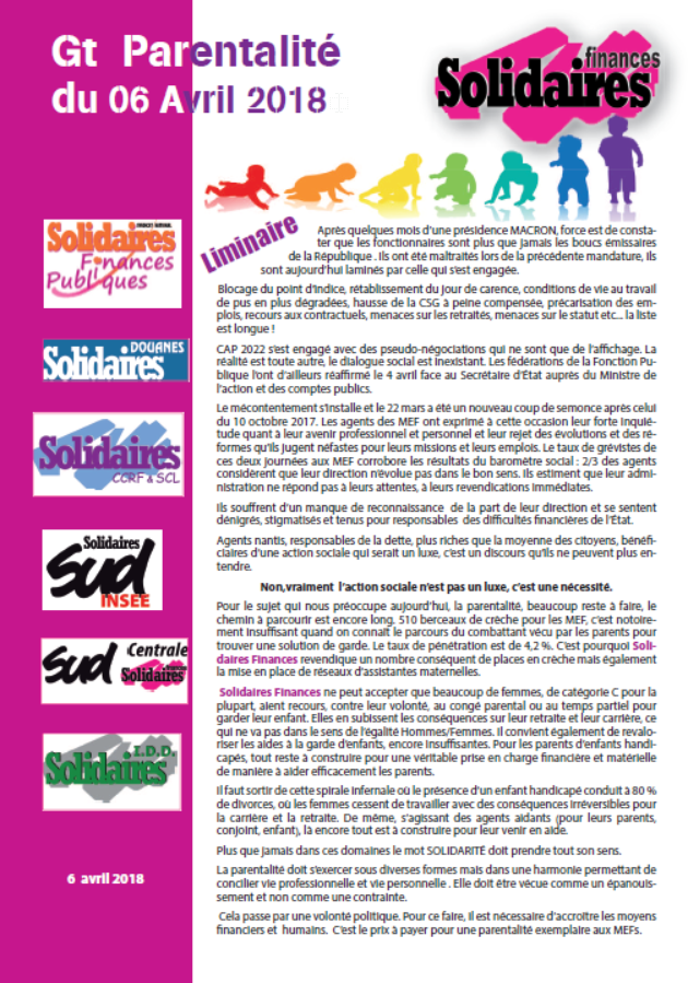 Lire la suite à propos de l’article Groupe de travail sur la parentalité : liminaire Solidaires Finances