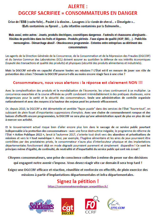 Lire la suite à propos de l’article L’AVENIR des services publics de la DGCCRF et du SCL est en jeu