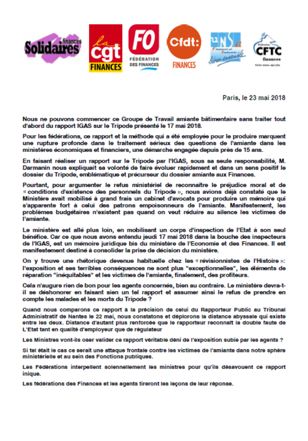 Lire la suite à propos de l’article Déclaration des fédérations des Finances au groupe de travail Bâtimentaire/Amiante du 23 mai
